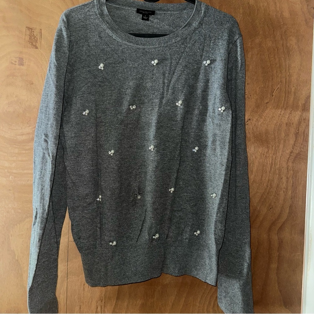 Ann Taylor Gray Crew Neck Sweater with Embellishments